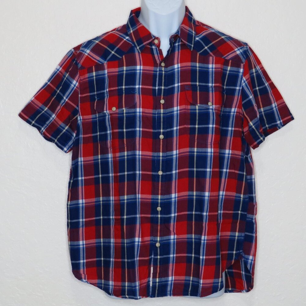 Lucky Brand* Men's Short Sleeve Snap Down Curved Hem Pocket Plaid Shirt~ Large